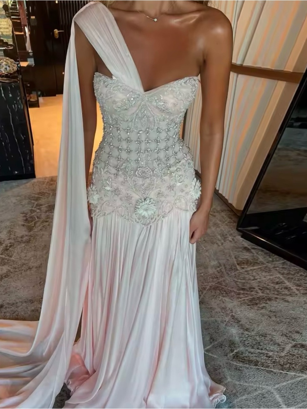 Elegant One-Shoulder Embellished Pink Evening Dress